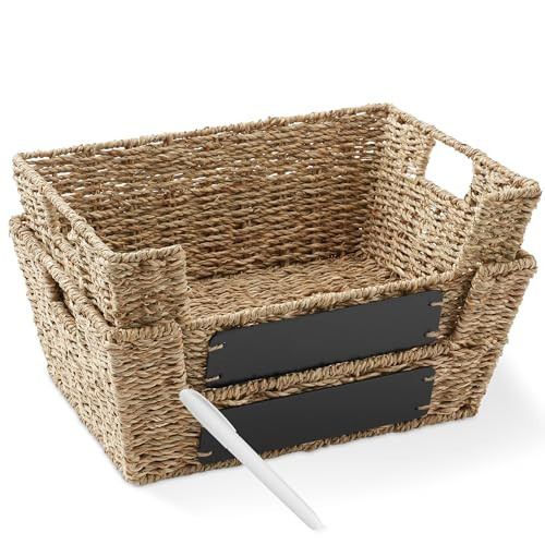 Casafield Set of 2 Seagrass Pantry Baskets with Handles, Chalkboard Labels and Marker - Natural, Wide Woven Storage Bin Organizers for Kitchen Shelves | Amazon (US)