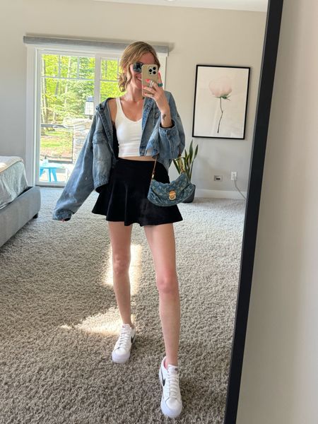 Popflex skirt as seen on Taylor swift skort
Summer outfit ideas soccer mom style denim jacket and denim Louis Vuitton bag 
