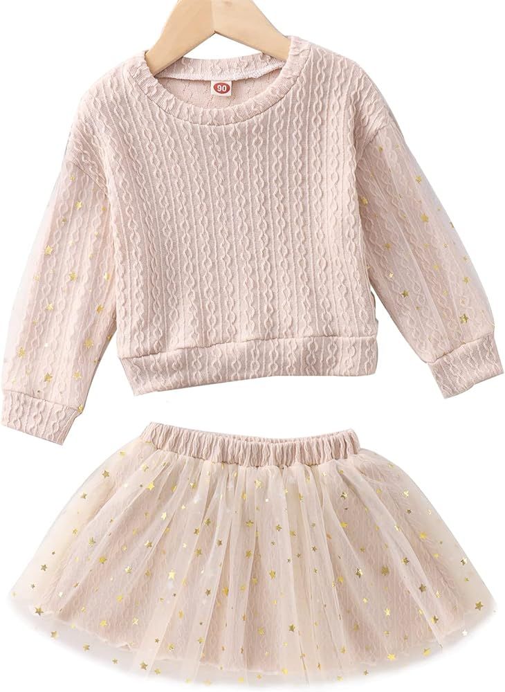 Toddler Baby Girls Spring Outfit Star Pattern Contrast Mesh Textured Long Sleeve Sweatshirt Tutu Tul | Amazon (US)