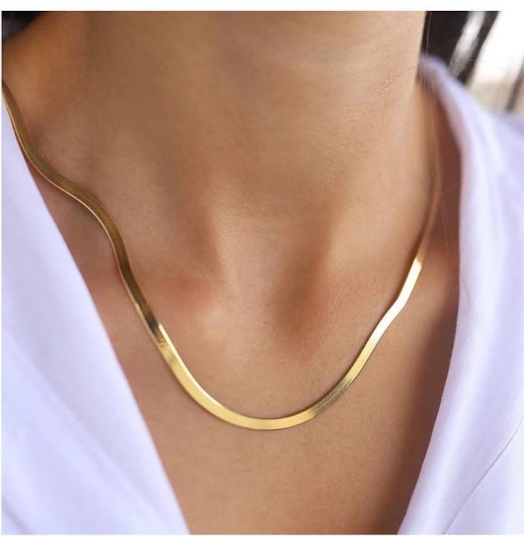 18k Gold Snake Chain Necklace, Herringbone Chain Necklace, Flat Snake Chain Choker | Silver, Gold... | Etsy (US)