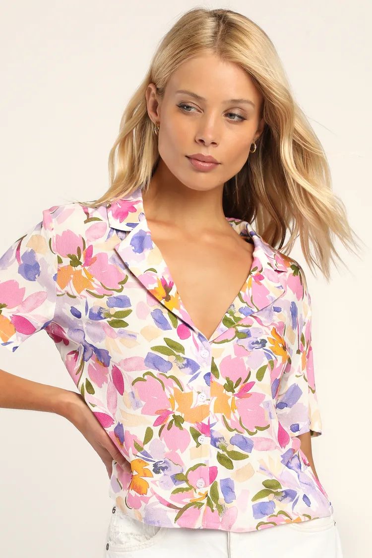 Floral Fun Ivory Floral Print Button-Up Crop Top | Lulus (US)
