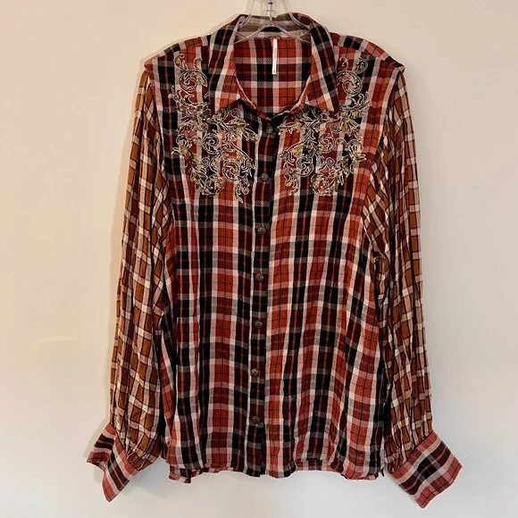 Free People Autumn Mixed Plaid Button Front Embellished Metal Button Shirt LARGE | Poshmark