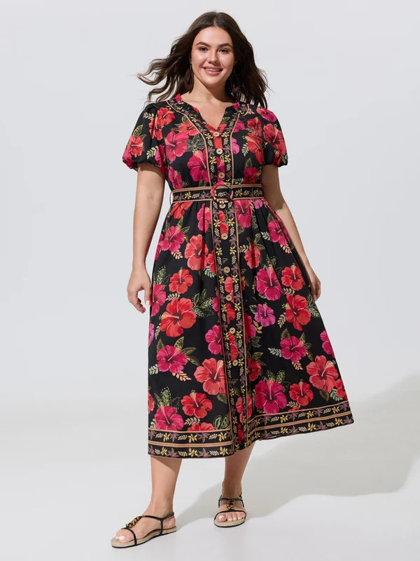 Floral Print Button Front Belted Midi Dress | Bloomchic