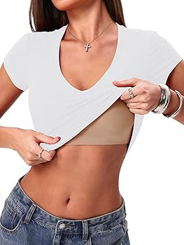 Danysu Nude Built in Bra Cotton V Neck Short Sleeve T Shirt No See Through Stretchy Fitted Basic ... | Amazon (US)