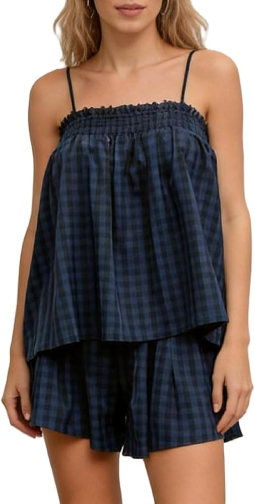 Pivanzore Women's Gingham 2 Piece Set Smocked Ruffle Plaid Cami And Shorts Set Casual Summer Matc... | Amazon (US)