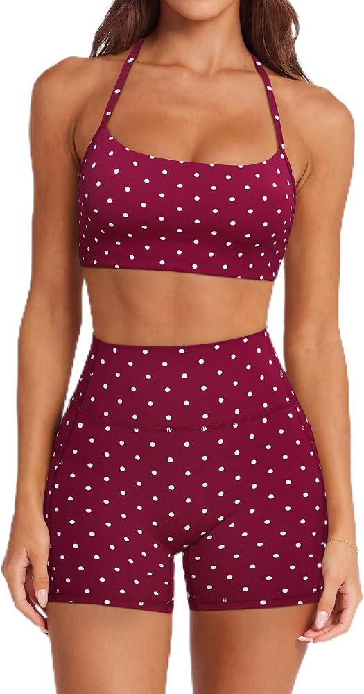 SUUKSESS Women 2 Piece Workout Sets Padded Halter Sports Bras High Waisted Biker Shorts with Pock... | Amazon (US)
