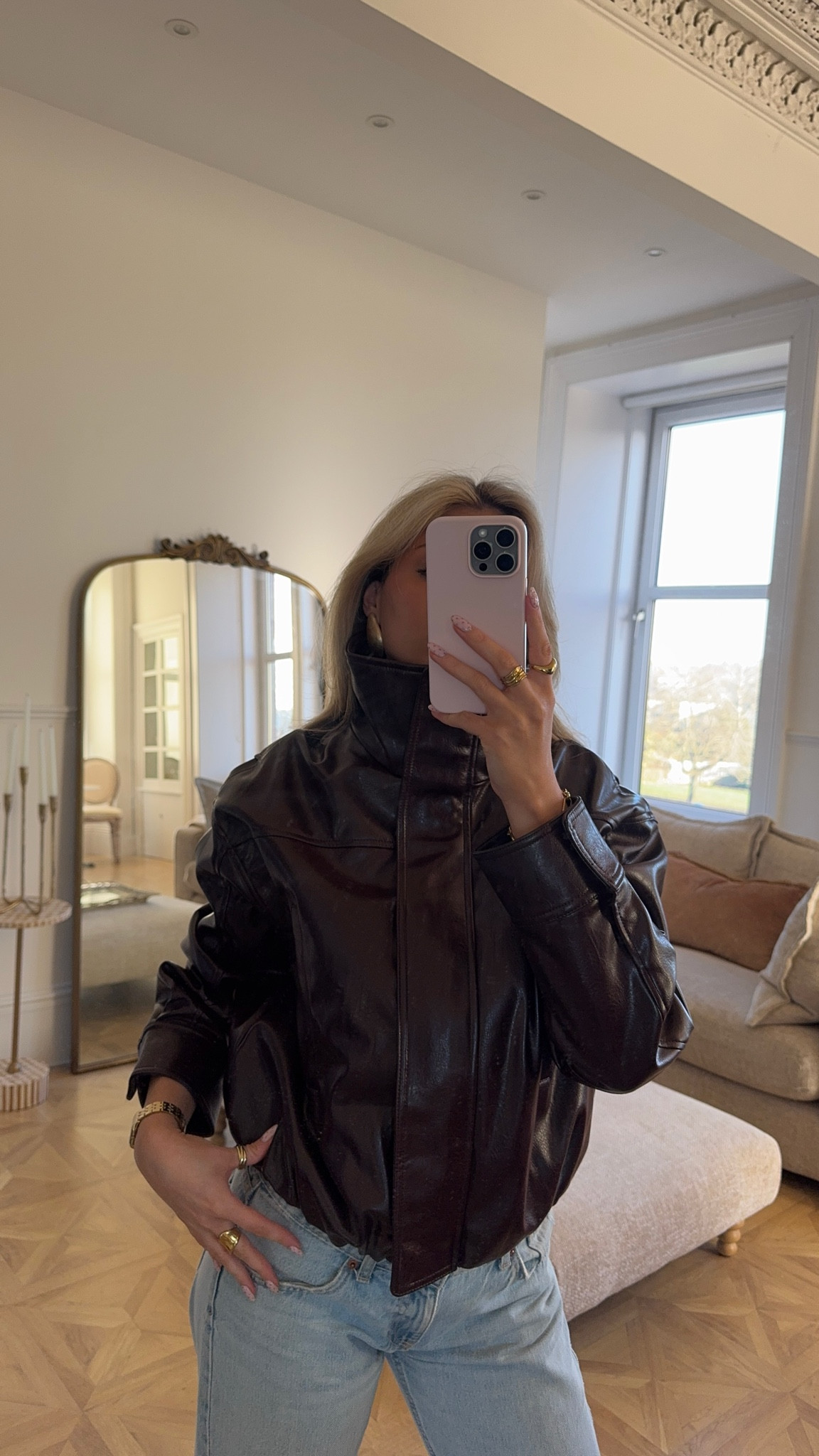 Burgundy funnel neck leather jacket ♥️