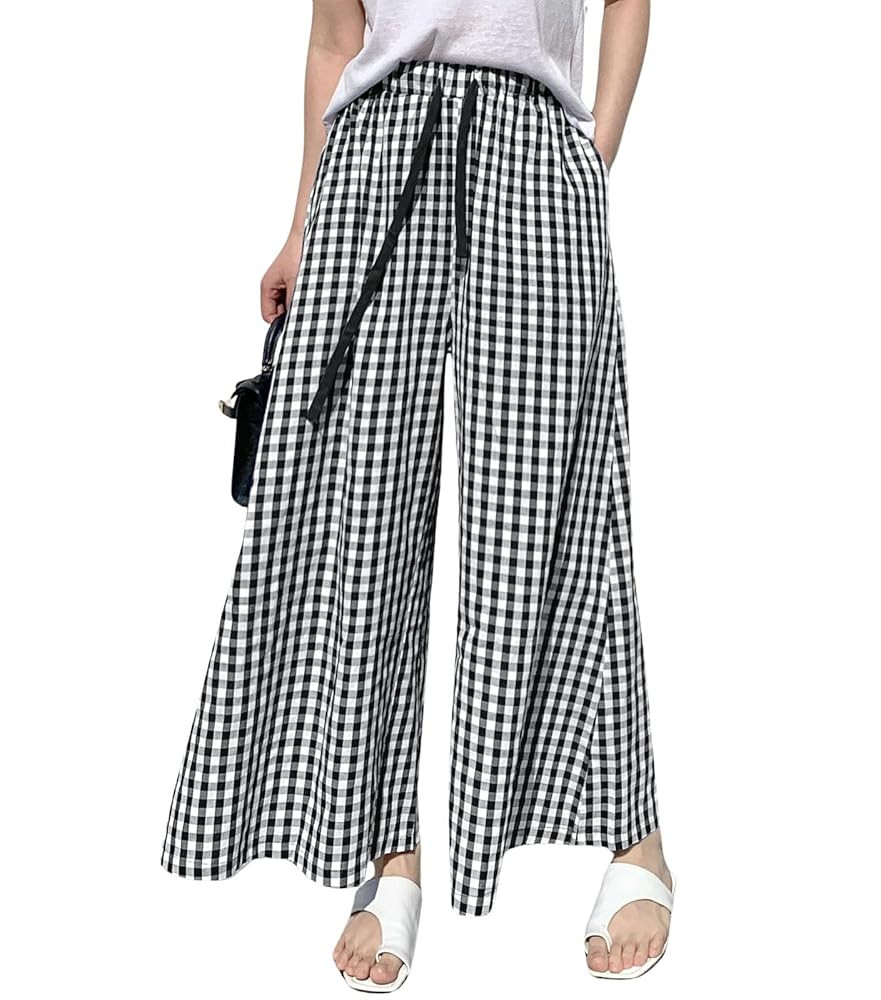 chouyatou Women's Plaid Wide Leg Culotte Pants Gingham High Elastic Waisted Cropped Palazzo Pants... | Amazon (US)