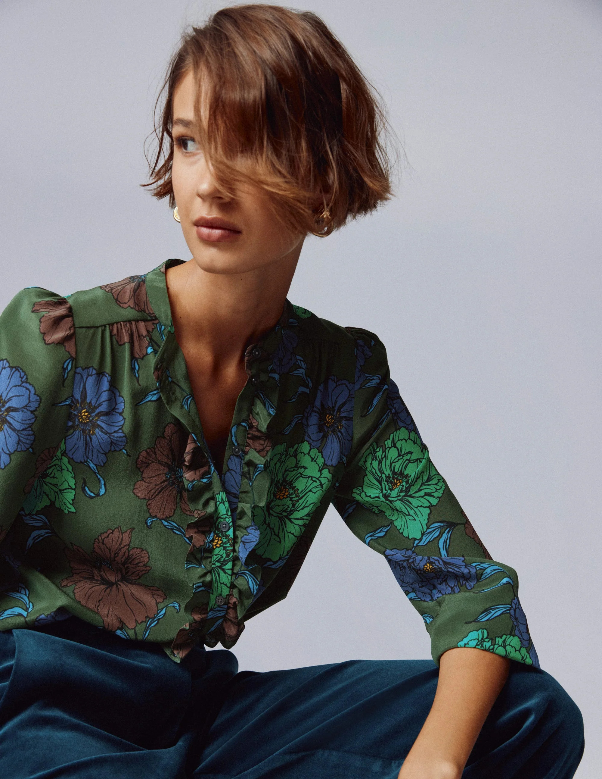 Alice Frill Front Silk Top-Green, Peony Bloom | Boden (US)