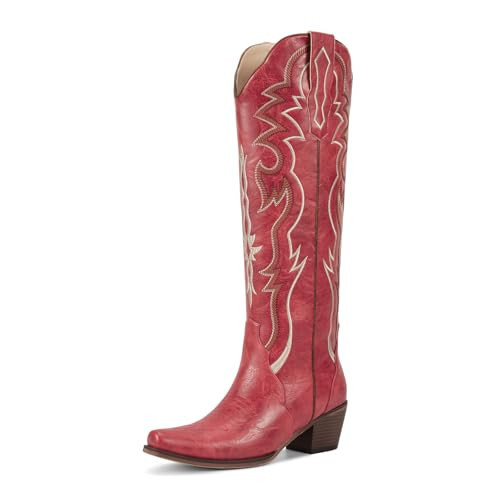 wetkiss Red Cowboy Boots for Women Knee High Cowgirl Tall Boots with Classic Retro Embroidered Chunky Heel Slip On Pointed Toe Womens Western Boots for Girls Ladies | Amazon (US)