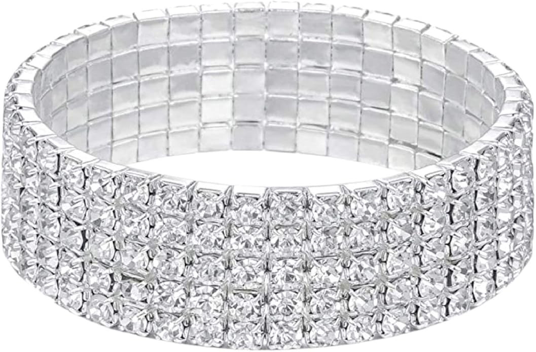 Women Lady's 5 Rows Shiny Rhinestone Charm Elastic Stretch Bracelet Sparkling Bridal Bangle Wrist... | Amazon (US)