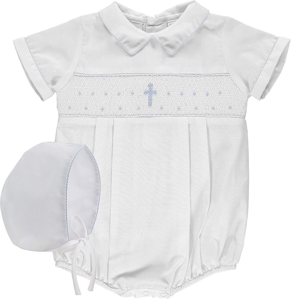 Smocked Cross Light Blue Christening Baby Boy Romper - Baptism Baby Bubble Romper, Cute Baby Boy ... | Amazon (US)