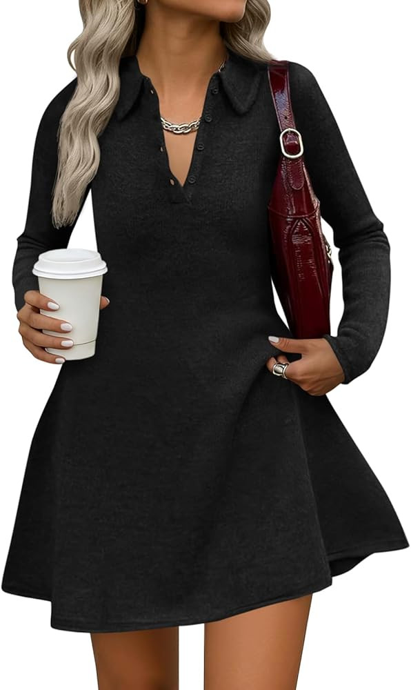 Saodimallsu Womens Sweater Dress 2025 Fall Polo Collared Long Sleeve Button V Neck A line Preppy ... | Amazon (US)