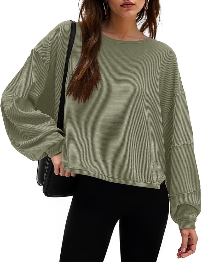 Tankaneo Womens Oversized Cropped T Shirts Ribbed Slit Sweatshirt Long Sleeve Pullover Tops Casua... | Amazon (US)