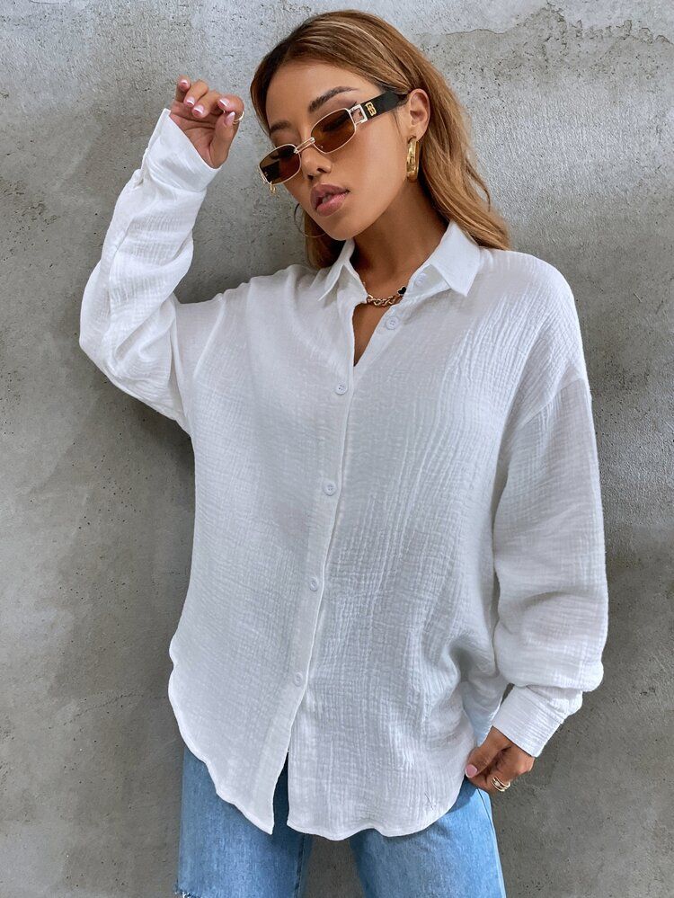 Solid Button Front Oversized Blouse | SHEIN