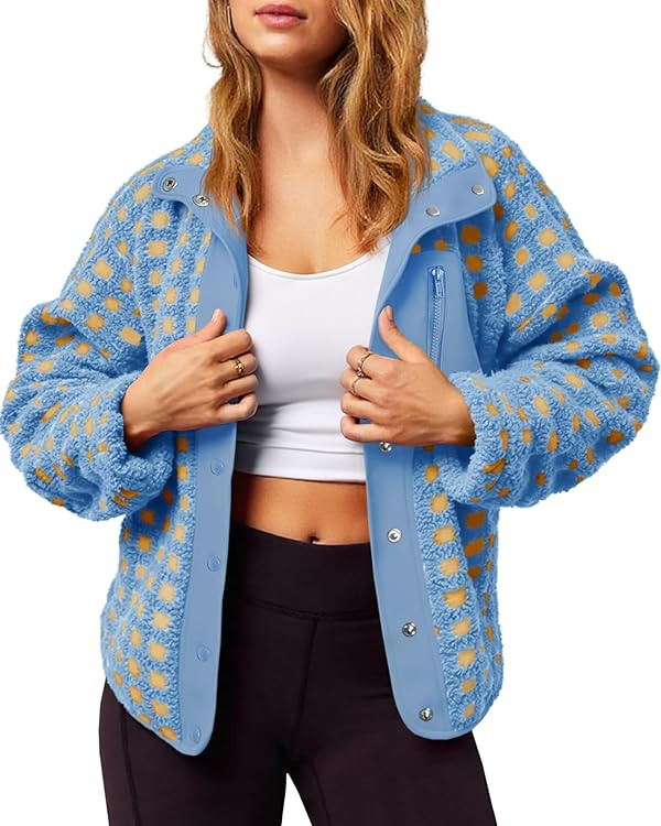 Tankaneo Womens Fleece Sherpa Jacket Fuzzy Checkered Button Down Stand Collar Jacket Winter Warm ... | Amazon (US)