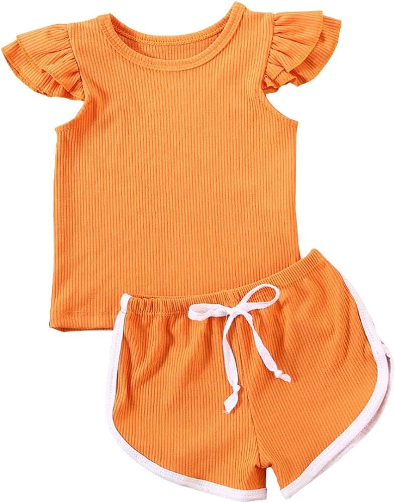 Baby Girls Summer Clothes Ruffle T Shirt Tops + Drawstring Shorts Outfit Set Cotton Clothing | Amazon (US)