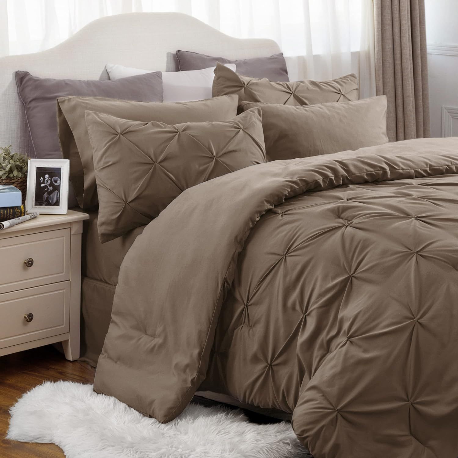 Bedsure King Size Comforter Set - Bedding Set King 7 Pieces, Pintuck Bed in a Bag Brown Bed Set w... | Amazon (US)