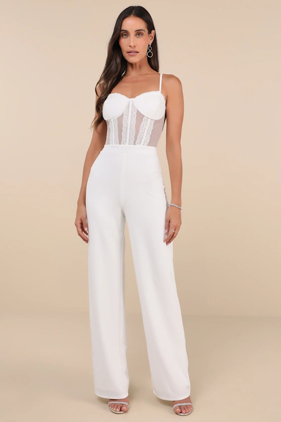 Perfectly Sultry White Sheer Mesh Bustier Wide-Leg Jumpsuit | Lulus