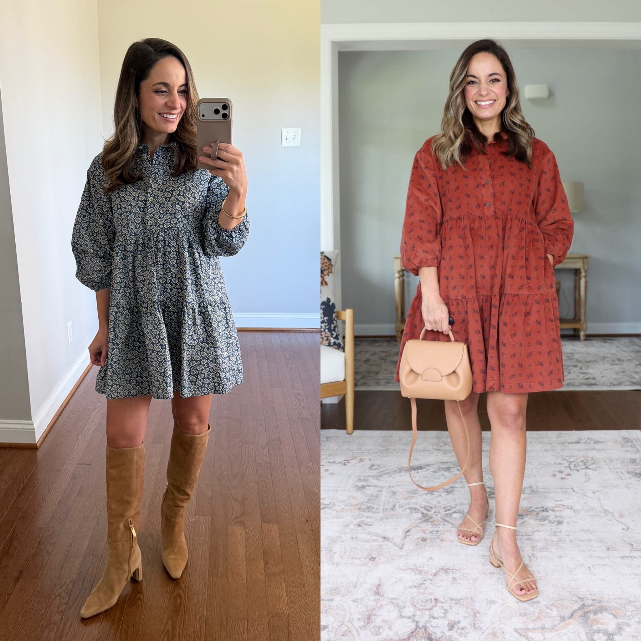 A side by side look at the Bettina dress from Anthropologie in petite vs standard. 

The standard gives more length and a little more volume. If you’re able to size down you can accomplish a little more length without the extra volume through the fit. 

Blue dress: petite xxs 
Rust dress: xxs

#LTKPetite