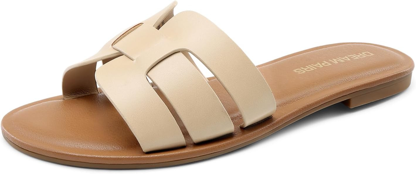 DREAM PAIRS Women's Dressy Slide Sandals Slip-on Open Round Toe Flat Sandals Fashion Casual Comfo... | Amazon (US)