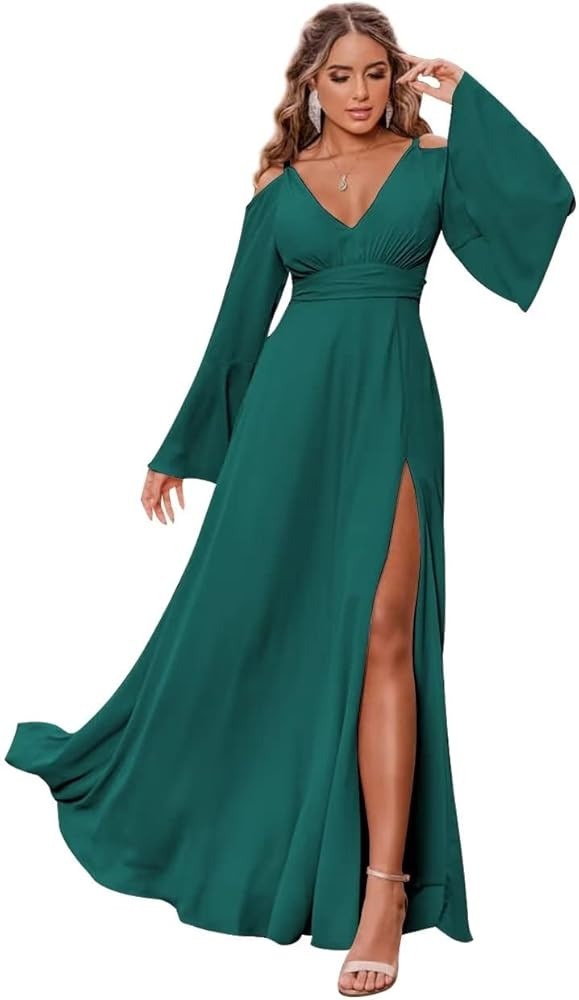 Women's V-Neck Chiffon Bridesmaid Dress with Flutter Sleeves Long Slit Cold Shoulder Ruched Forma... | Amazon (US)