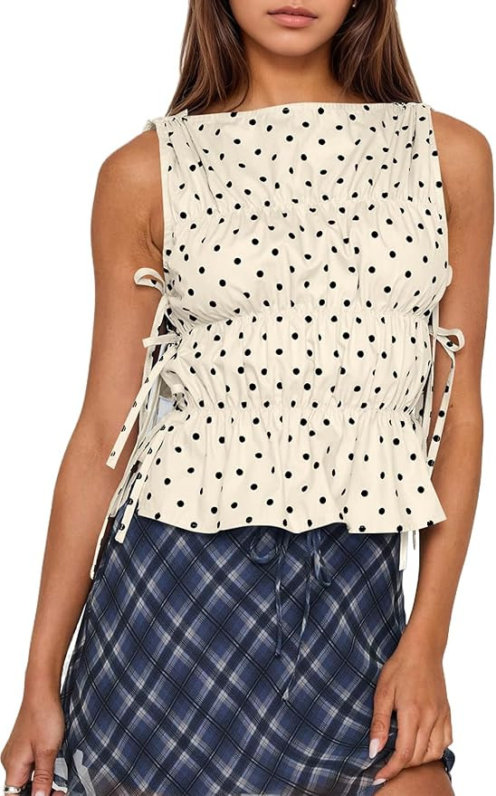 Women Polka Dot Sleeveless Peplum Tops Side Bow Tie Ruched Smocked Tank Tops Boat Neck Summer Goi... | Amazon (US)