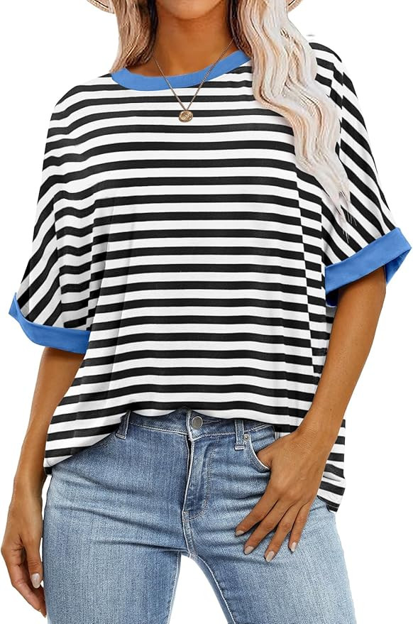 ANRABESS Womens Oversized T Shirts Striped Basic Tees Short Sleeve Crewneck Casual Loose Tops Shi... | Amazon (US)