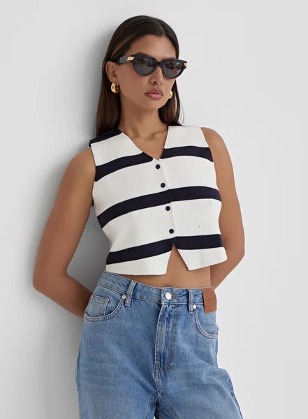 Navy And White Knit Cropped Waistcoat- Darcy | 4th & Reckless