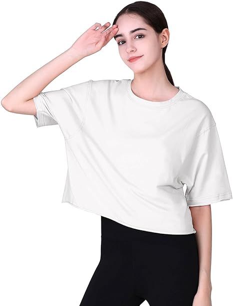 Women's Oversized Crop Tops Roll Hem Half Sleeve T-Shirts Drop Shoulder Casual Summer Tops | Amazon (US)