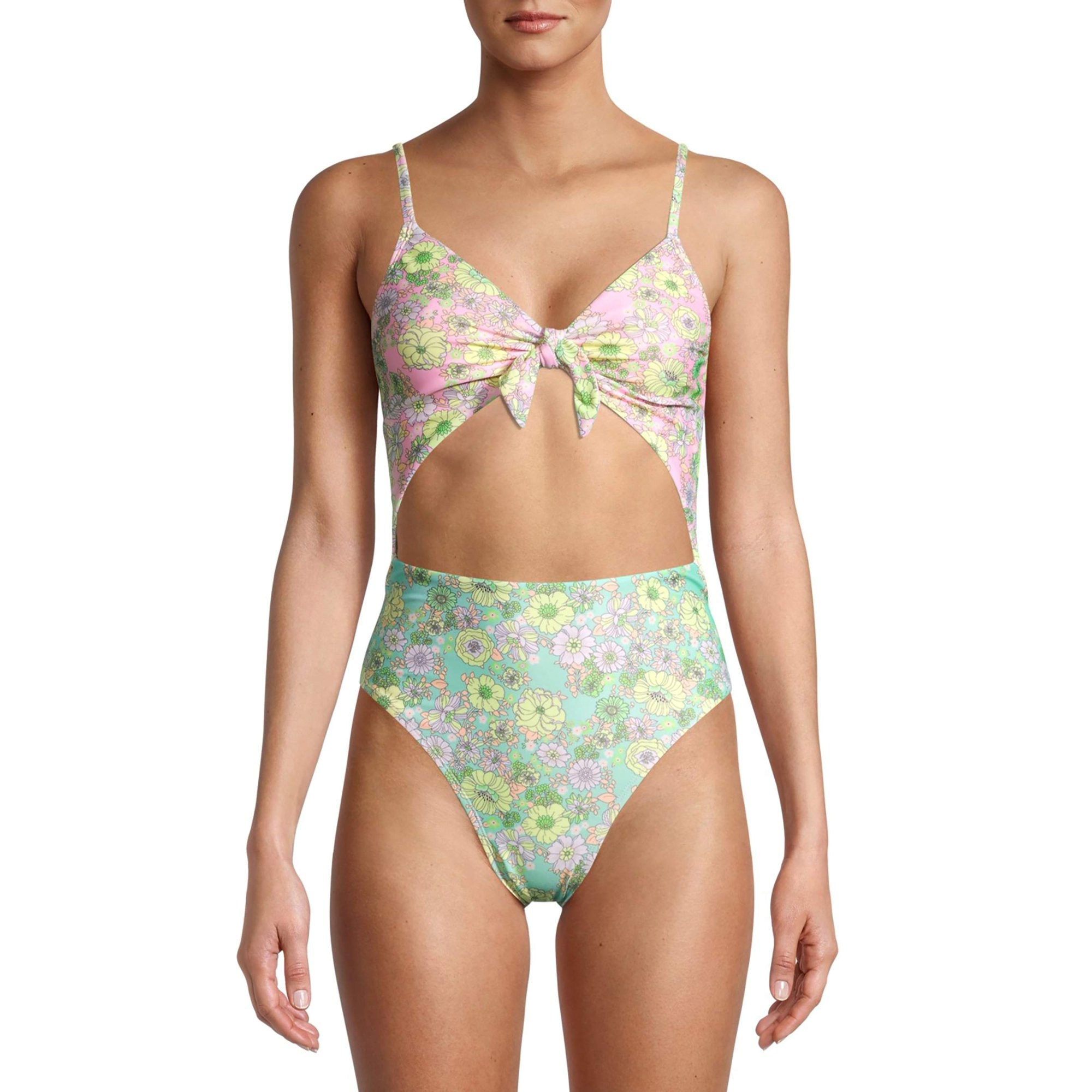 Blu C Juniors' Cut Out Tie Front One Piece Swimsuit | Walmart (US)