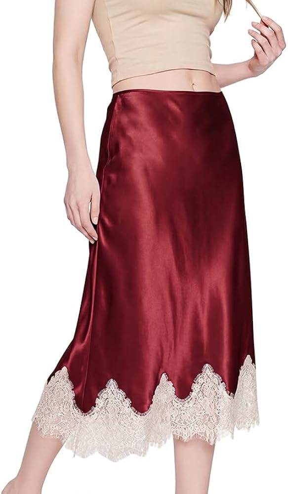 Lace Trim Satin Skirts for Women Midi Length Silk Skirts A Line Flowy | Amazon (US)