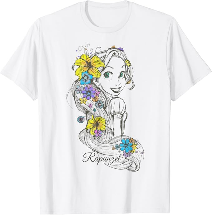 Disney Tangled Rapunzel Floral Sketch Portrait T-Shirt T-Shirt | Amazon (US)