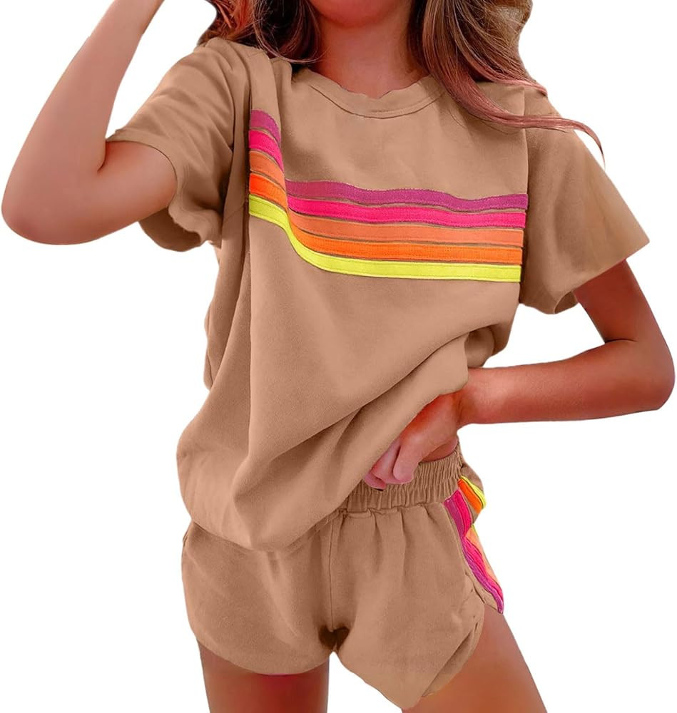 Womens Two Piece Outfits Lounge Sets Summer Rainbow Striped Tops Matching Casual Shorts Color Blo... | Amazon (US)