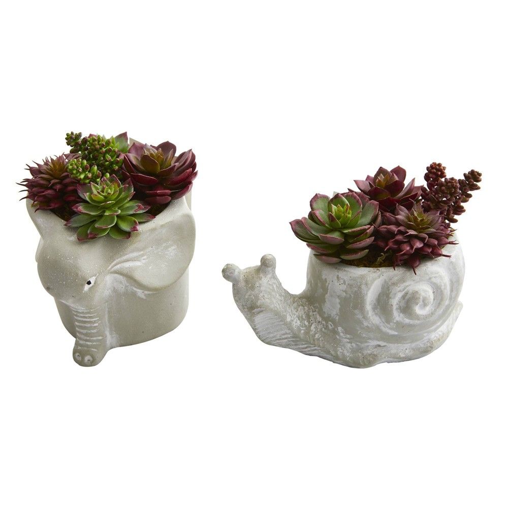 7" x 6" 2pc Artificial Succulent Plant in Elephant and Snail Planter Set - Nearly Natural | Target