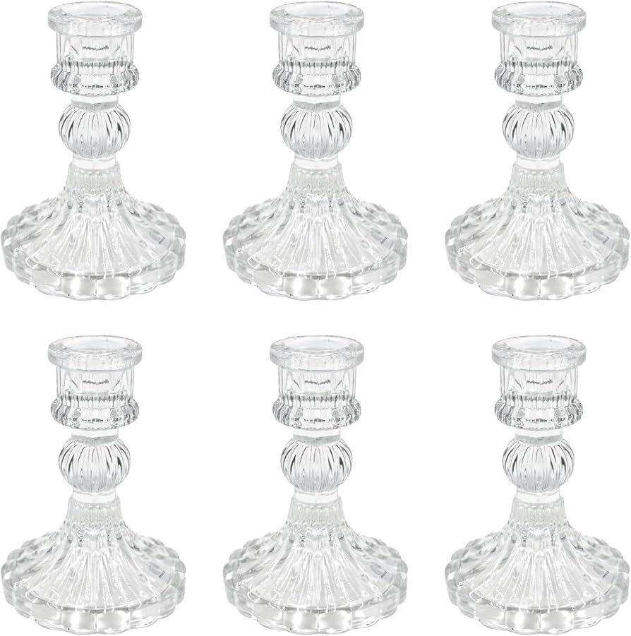 Glass Candlestick Holders Set of 6, Clear Stripe Taper Candle Holders for Table Centerpiece, Home... | Amazon (US)