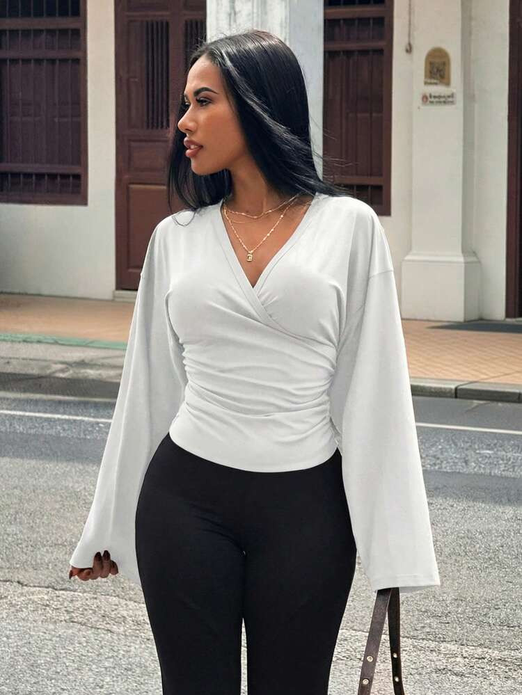 Slaydiva Women's White Autumn Elegant Everyday T-Shirt, Party V-Neck Off-The-Shoulder Long Loose ... | SHEIN