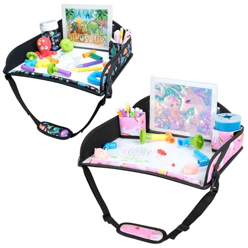 COOLBEBE Kids Travel Tray for Toddler Car Seat, 2PCS Travel Tray for Airplane, Toddler Car Seat Lap Tray, Carseat Table Tray for Kids Travel Activities(Dinosaur & Pink Unicorn) | Amazon (US)