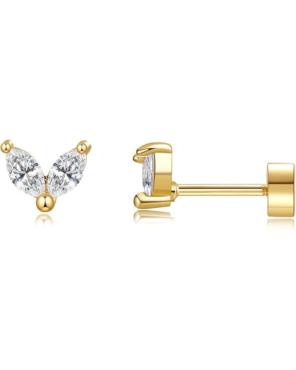 Dainty Flat Back Stud Earrings for Women 14K Real Gold Plated Cubic Zirconia Flatback Small Stud ... | Amazon (US)