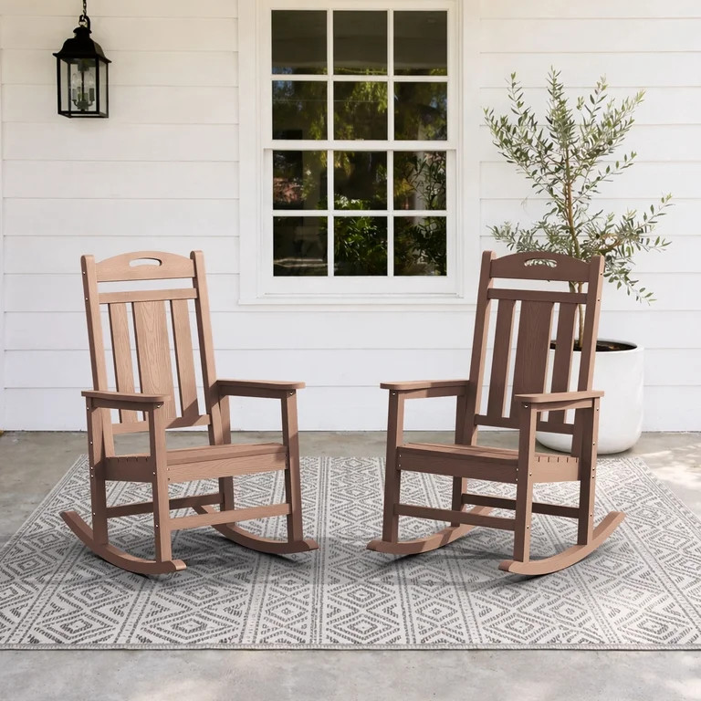 Set of 2 Oversized HDPE Outdoor Rocking Chairs, All-Weather Porch Rockers, Teak | Walmart (US)