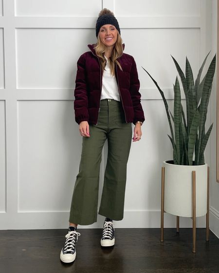 Olive wide leg cropped pants (true to size) with @cuts tee (use code MERRICKSART for 15% off) and puffer jacket 

#LTKSeasonal #LTKstyletip #LTKshoecrush