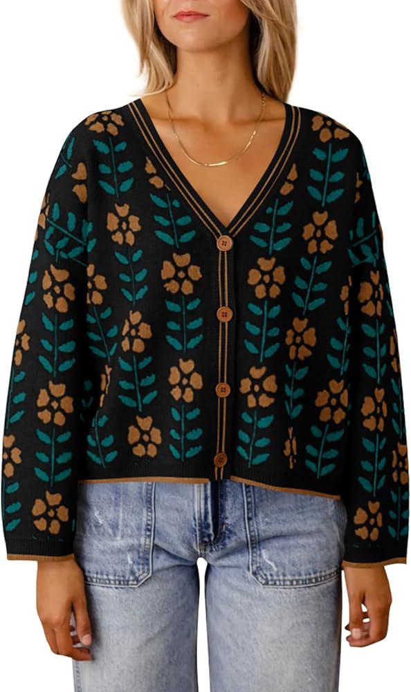 Saodimallsu Womens Floral Print V Neck Cardigan Open Front Button Down Knit Sweater Long Sleeve L... | Amazon (US)