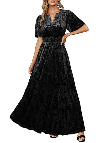 Amegoya Womens Velvet Dress Semi Formal Wedding Guest Maxi Dresses Short Sleeve V Neck Christmas Party Long Dress（Black XL） | Amazon (US)