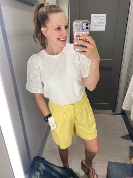 Target outfit idea. White shirt sleeve top. Yellow shorts. Outfit of the day 