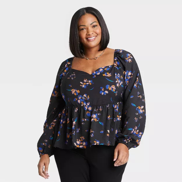 Women's Plus Size Long Sleeve Sweetheart Peplum Top - Ava & Viv™ | Target