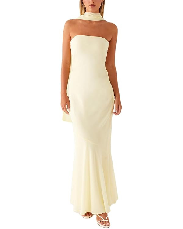 Women Floral Tube Maxi Dress with Scarf Y2k Strapless Backless Mesh Long Bodycon Dresses Formal C... | Amazon (US)