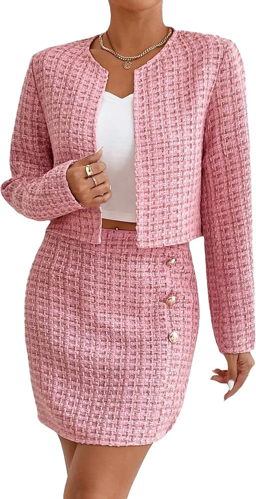 Floerns Women's 2 Piece Outfits Plaid Tweed Blazer Long Sleeve Jacket and Skirt Set | Amazon (US)