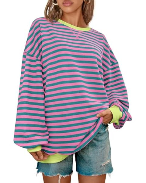 Women Striped Oversized Sweatshirt Color Block Crew Neck Long Sleeve Shirt Casual Pullover Top Fa... | Amazon (US)