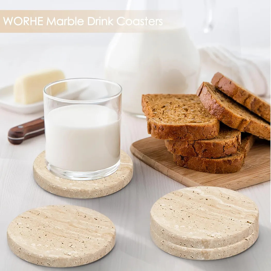 WORHE Natural Travertine Marble Coasters Set of 4-4" Round Stone Drink Coasters, Non-Slip Cork Ba... | Amazon (US)