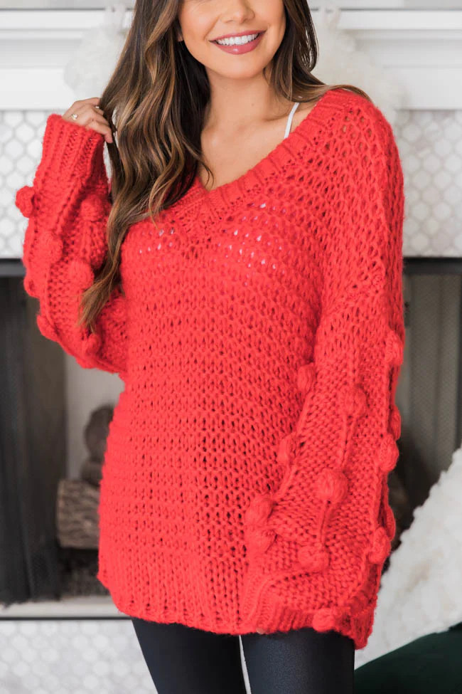 All Eyes On Me Pom Sleeve Red Sweater FINAL SALE | The Pink Lily Boutique